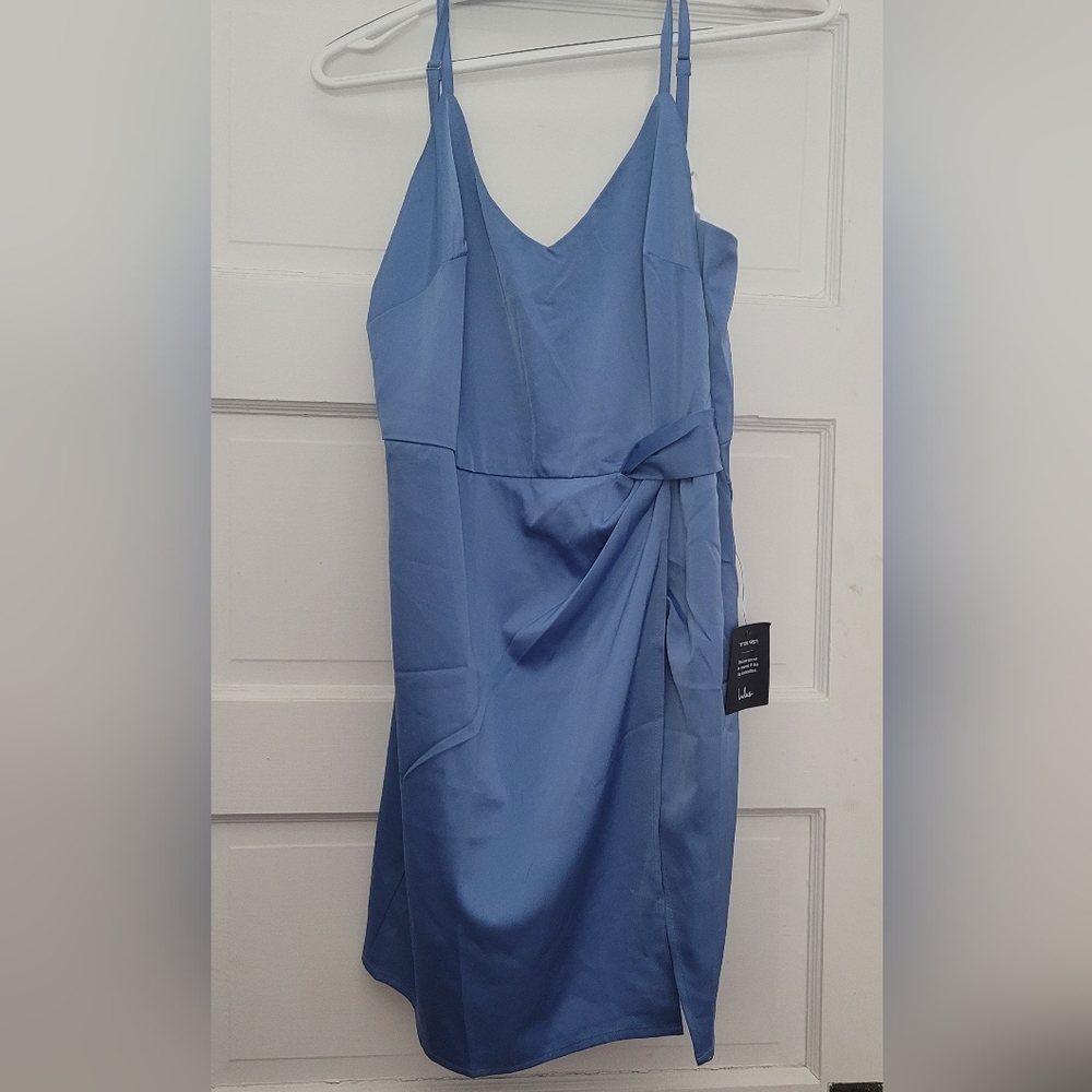 Slate Blue Satun Faux wrap Women's Dress